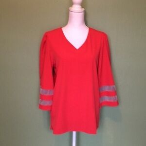 Red Sheer-Stripe V-Neck Top